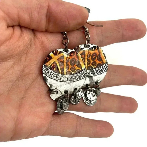 Silver Tone Metal Dangle Round Earrings Two Tone Design Unique - Picture 4 of 8